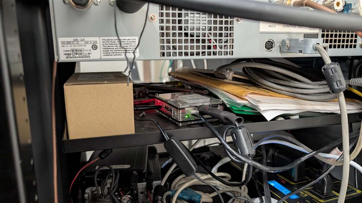 Existing NY7S AllStar Raspberry Pi node in a clear case with Ethernet, USB, and power connections on a rack shelf.