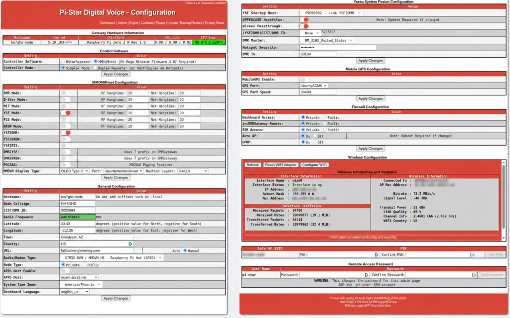 Working Pi-Star YSF2DMR configuration with local network identifiers removed